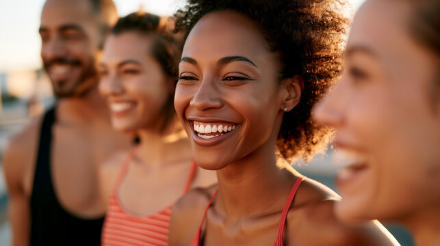 Friends laughing after outdoor workout, group fitness energy and endorphin release, smiling people in warm sunlight, wellness lifestyle, motivation, teamwork, stress relief, active community.