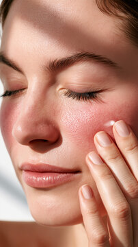 Rosacea skincare concept, facial redness flare on cheek, sensitive skin irritation and inflammation, dermatology treatment and soothing routine, sunscreen protection and cosmetic clinic care.