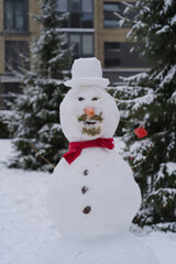 Obraz premium Handmade snowman with red scarf and hat in snowy city park