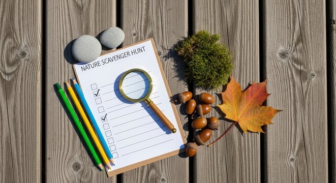 Autumn objects on wooden background.