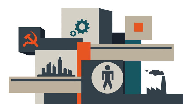 Industrial Revolution Concept: Cityscape, Gear, Man, Factory, Hammer Sickle