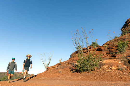 Two friends hiking down a desert trail