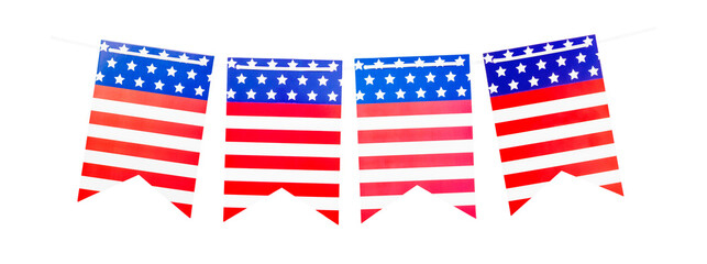 Obraz premium American flag bunting garland for independence day patriotic holiday celebration isolated on white background with clipping path. Design element. Holiday Independence symbol.