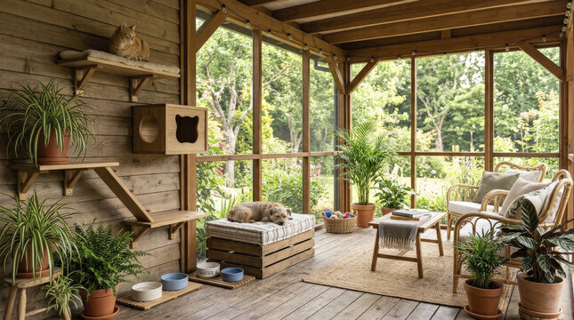 Cozy screened porch with cat and dog enjoying a peaceful day, featuring stylish pet furniture, lush plants, and a rustic natural design.