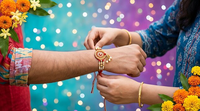 Raksha bandhan celebration sister tying rakhi thread on brother's wrist