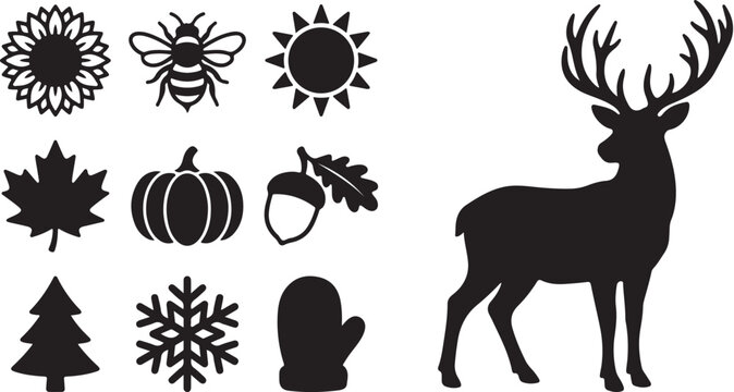 Autumn and winter seasonal icon set with deer