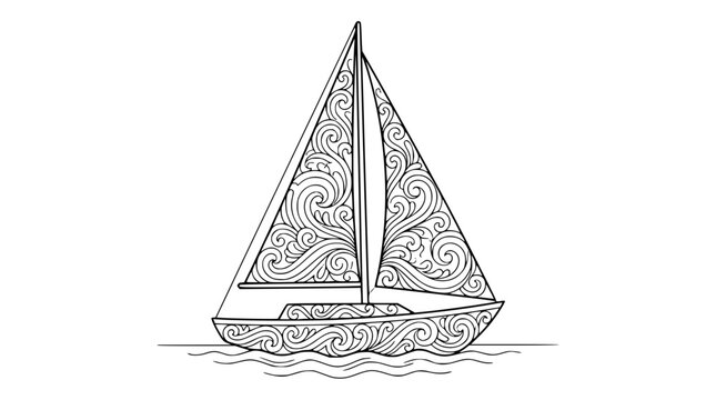 Zentangle Style Sailboat Coloring Page with Intricate Swirl Patterns