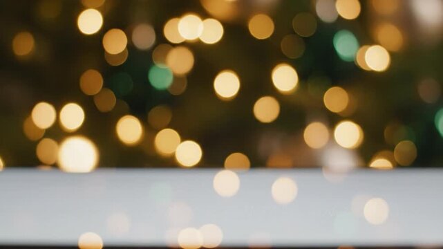 White table top and blurred golden holiday lights background for product display