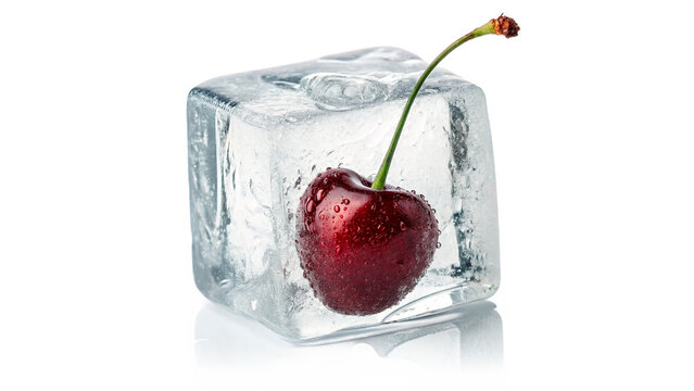 Fresh red cherry berry frozen inside a clear ice cube on transparent background