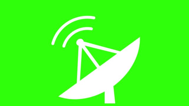 A white satellite dish antenna icon broadcasting a signal, isolated on a vibrant green screen background.White Satellite Dish Antenna Broadcasting Signal on Green Screen Background