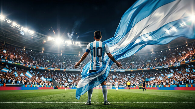 Soccer Player Celebrating with Argentinian Flag in Stadium - Dramatic Lighting