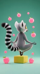Fototapeta premium Cute lemur meditating with fruits floating.