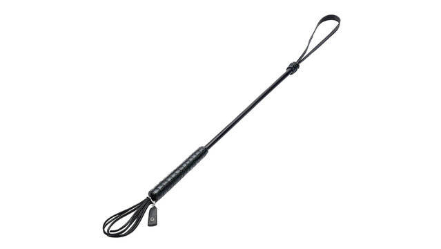 Thin black equestrian riding whip dressage crop stick accessory on transparent background