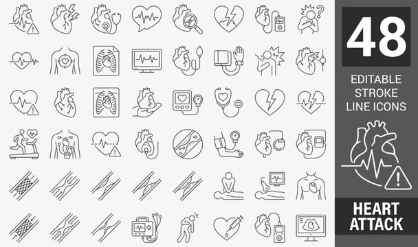 Heart attack . Myocardial infarction . Medical outline icon . Editable stroke . Vector .