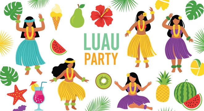 Luau Party Vector Element Set with Hula Dancers, Tropical Fruits, Hibiscus Flowers, and Palm Leaves for Hawaiian Summer Beach Event and Invitation Designs