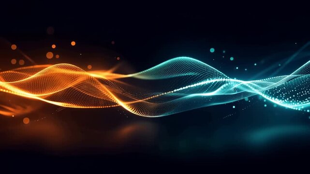 Abstract glowing digital network wave with connected nodes and flowing data lines. Concept of innovation technology background.