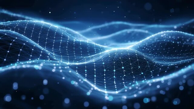 Abstract glowing digital network wave with connected nodes and flowing data lines. Concept of innovation technology background.