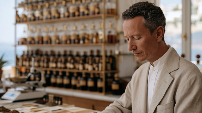 Master perfumer in a Grasse fragrance laboratory evaluating blotter strips from rows of aromatic raw materials, precision scales and organ shelf of glass flasks behind, luxury beauty industry olfact