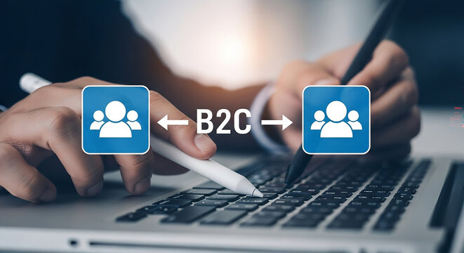 B2C Business Model: A close-up of hands interacting with a laptop, illustrating the business-to-consumer model with icons representing buyer and seller communication.