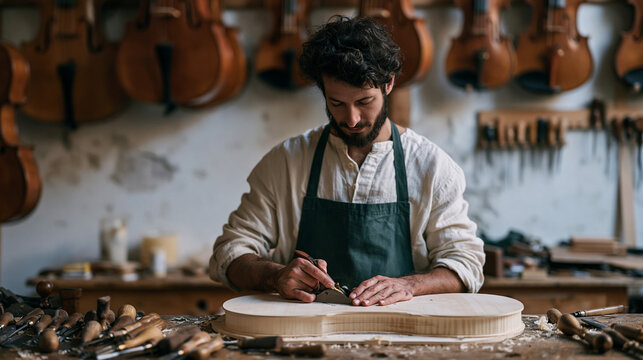 Luthier in a Bologna violin workshop shaping a spruce soundboard with a finger plane, completed instruments hanging above a bench scattered with carving gouges and hide glue, handmade instrument cra