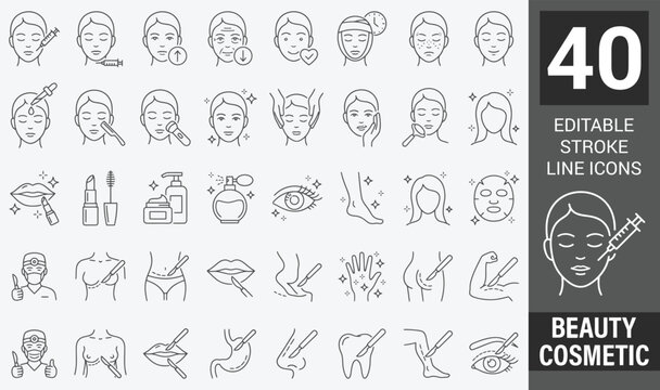 Beauty cosmetic and plastic surgery thin line icons set. Ideal for skincare, dermatology, medical aesthetics, anti-aging treatments, and healthcare linear vector symbols. Editable stroke.
