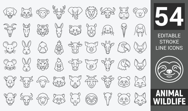 Animal and wildlife head front view outline icon . Editable stroke . Vector .