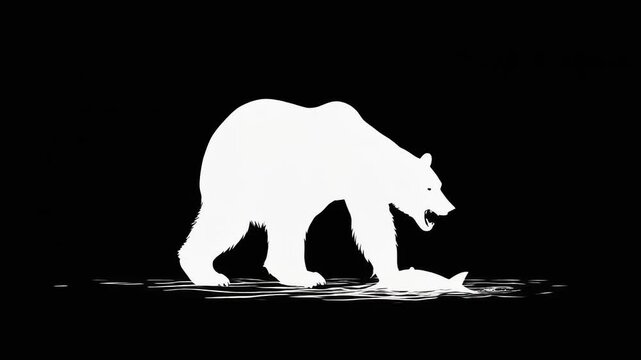 Powerful white silhouette of a wild bear with a freshly caught fish, depicting primal hunting instincts in a stark, contrasting style against a dark backdrop