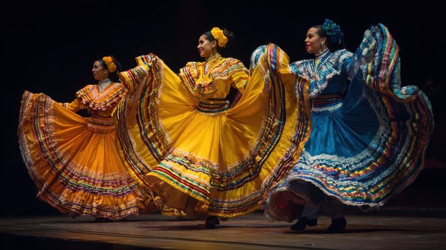 Colorful dancers perform traditional folk dance in vibrant dresses on stage during an evening cultural event in a local theater