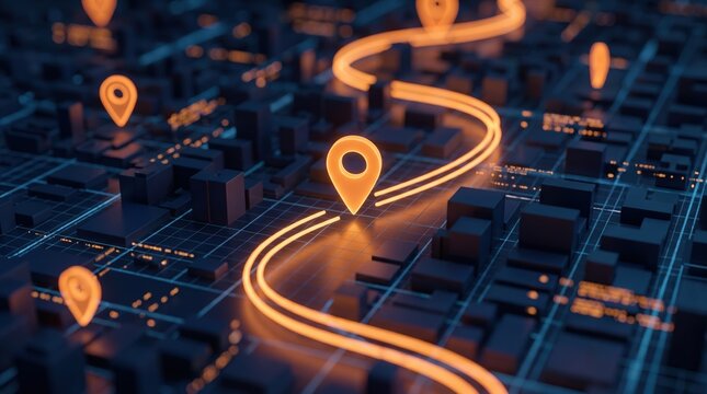 3D isometric digital city map featuring glowing orange navigation routes and location pins for smart city logistics and GPS tracking visualization