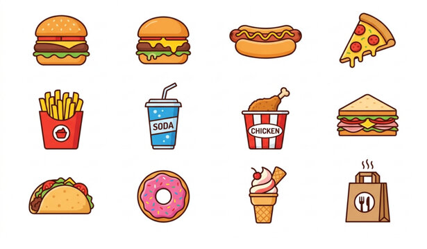 Fast Food Flat Design Icons Vector Set with Editable Stroke