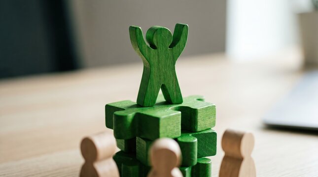 Green wooden figure standing on puzzle piece stack with arms raised for leadership achievement and business team success on office desk