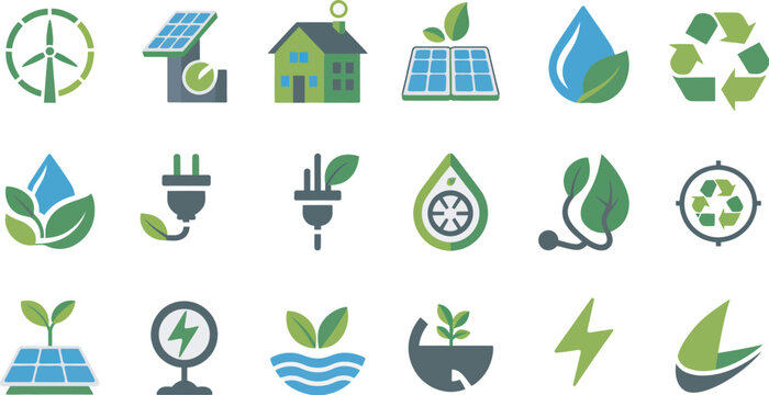 Green energy and sustainability icon set with solar wind recycle smart home atom sunflower and eco city symbols isolated vector pack representing eco friendly living climate action and sustainable 
