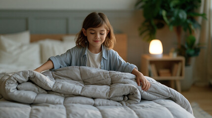 Fototapeta premium Child helping a parent arrange a newly organized bedroom into a calm sleep environment, a new weighted blanket being unfolded across the bed, a nightlight and small bookshelf in the background of th