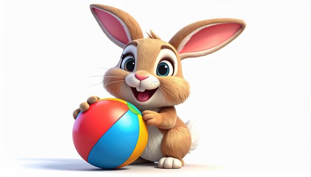 Cute funny animal holding props (ball or toy) joyful expression stylized 3d cartoon