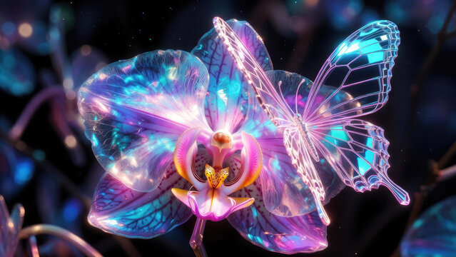 Orchid flower desktop wallpaper glowing neon orchid with iridescent petals and delicate luminous butterfly evoking wonder and calm