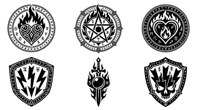 Esoteric dark fantasy sigils and shields in black and white.