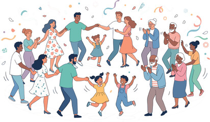 Obraz premium Happy Multi Generational Family Dancing Together In A Big Circle At Celebration Party With Confetti Flying Around Flat Vector Illustration