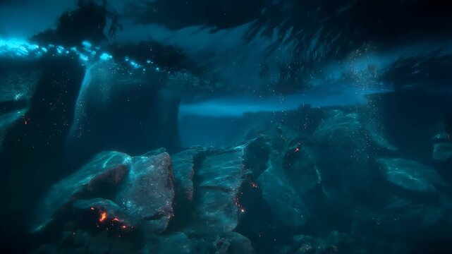 Underwater Lava Cave with Glowing Magma, Fiery Reflections on Rocky Walls and Drifting Bubbles in a Dark Blue Abyss