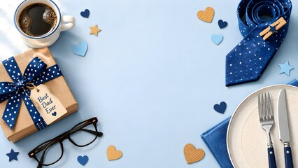 Cup Coffee with Father’s Day Gift Box, Blue Patterned Tie and Plate on Light Blue Background with Hearts