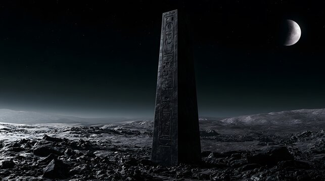 Ancient obelisk rises on a desolate moonscape under distant starlight evoking mystery and cosmic wonder