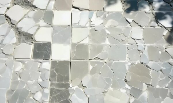 The cracked ceramic tiles are white and grey, highlighting the intricate details of the glazed texture.