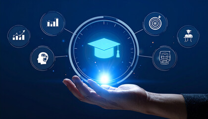 Naklejka premium Floating Graduation Cap with Education Icons
