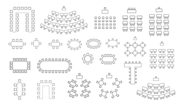 Floor plan line icon displaying room layout from top perspective. Conference seating arrangement with chairs, tables, and furniture for professional meeting or event setup design