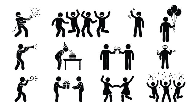 Party Celebration Stick Figure Icon Set, Birthday and Event People Silhouette Pictograms