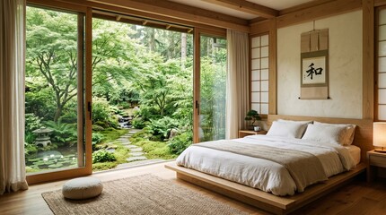 Fototapeta premium ranquil Zen Bedroom with Platform Bed and Sliding Doors to a Lush Moss Garden