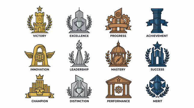 Set of Achievement Trophies and Awards for Business Success and Victory