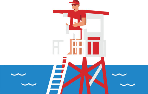 Beach Lifeguard on Observation Tower Overlooking the Ocean Illustration