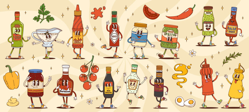 Groovy sauce characters, cartoon funny bottles and packages vector personages of food condiments. Retro y2k ketchup, mustard and mayonnaise jars, groovy hot chili, bbq, soy and wasabi sauce bottles