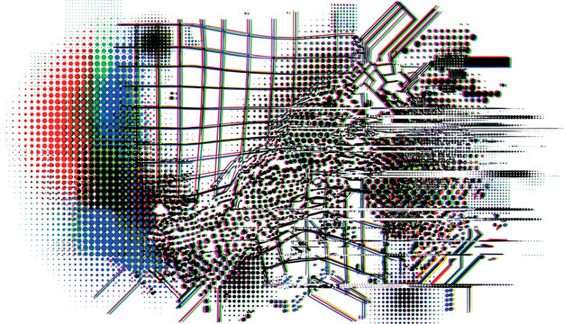 Abstract Digital Glitch Art Vector with Halftone Pattern Texture Cyberpunk Grid Elements and Anaglyphic Distortion Effect for Modern Tech Graphic Design