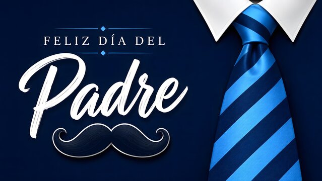 Tie Father&rsquo;s Day Greeting Card with Spanish Text Feliz D&iacute;a Del Padre and Blue Necktie Over Dark Blue Background